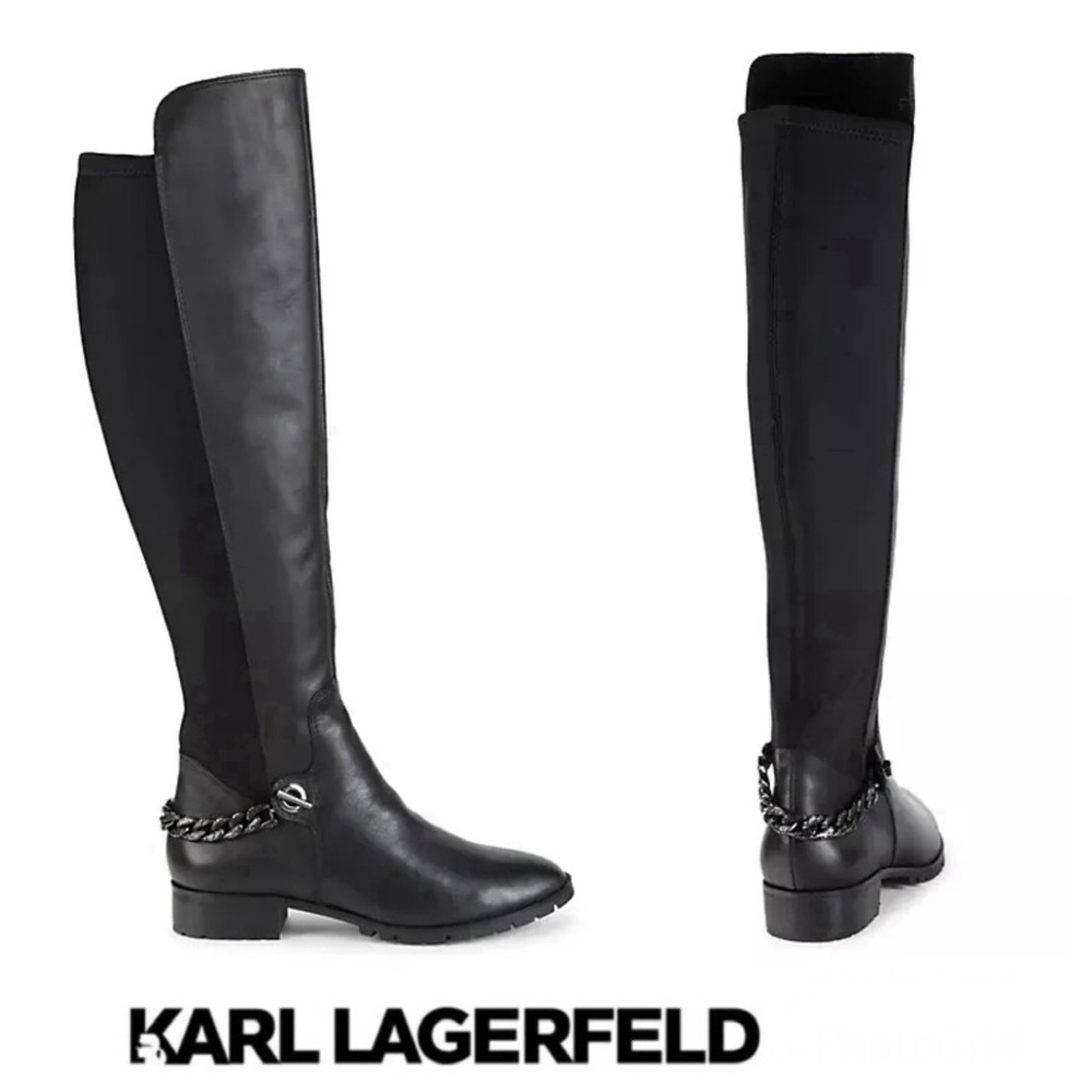 KARL LAGERFELD Paris Shay Leather Textile Chain Over-The-Knee Boots Sz 8 M NWOB